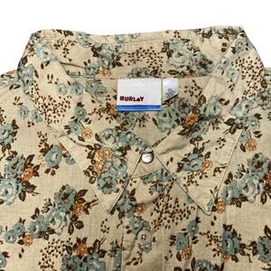 Hurley Shirt Mens XL Beige Blue Floral Button Up Short Sleeve Beach Casual